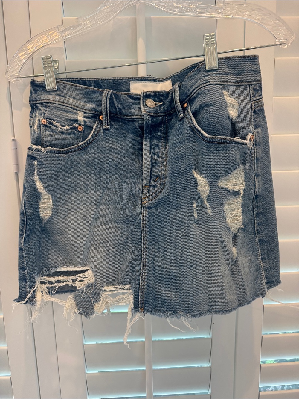 MOTHER Distressed Blue Denim Mini Skirt